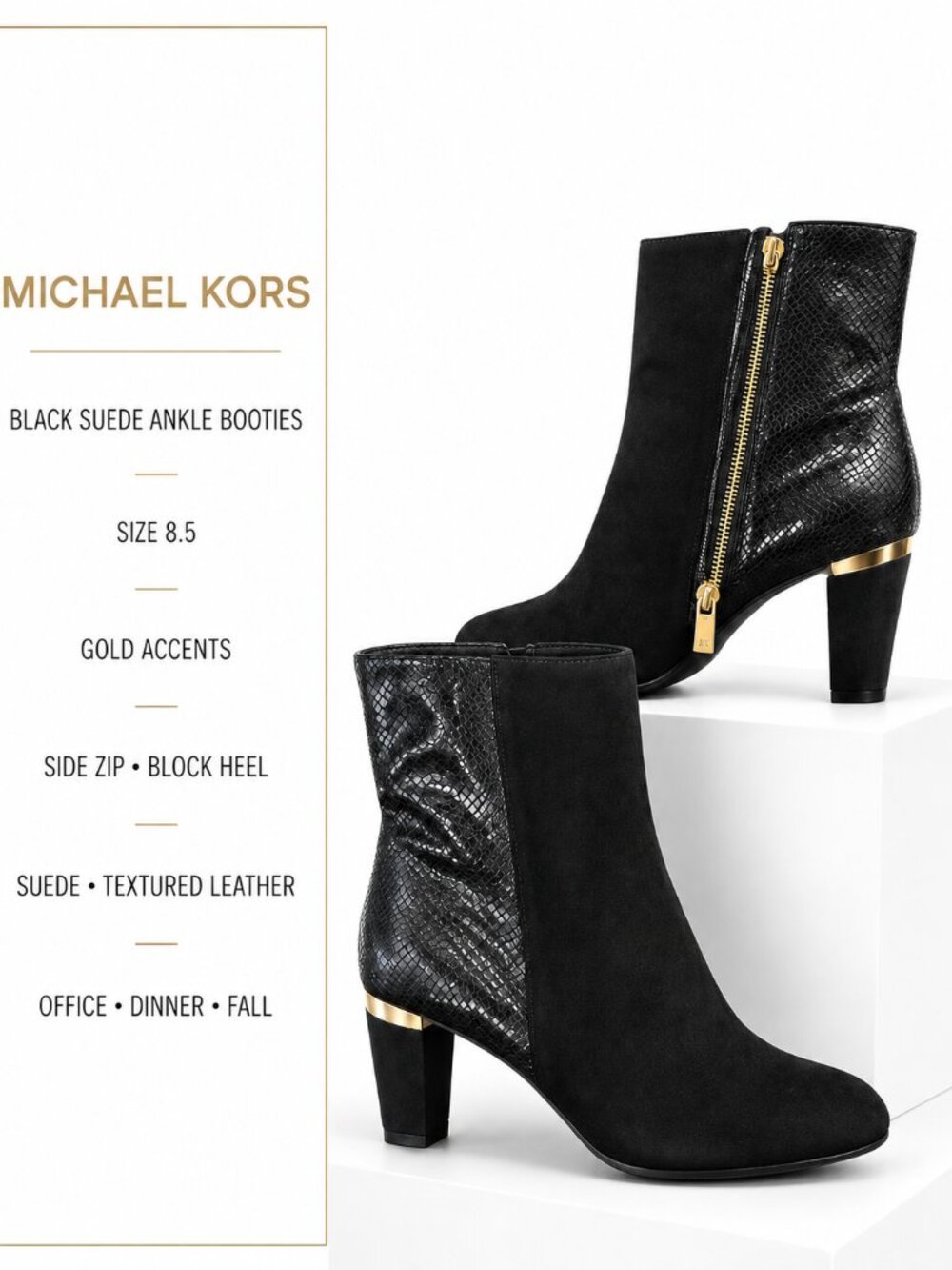 Michael Kors Black Suede Ankle Booties Size 8.5 Gold Accents Side Zip Block Heel